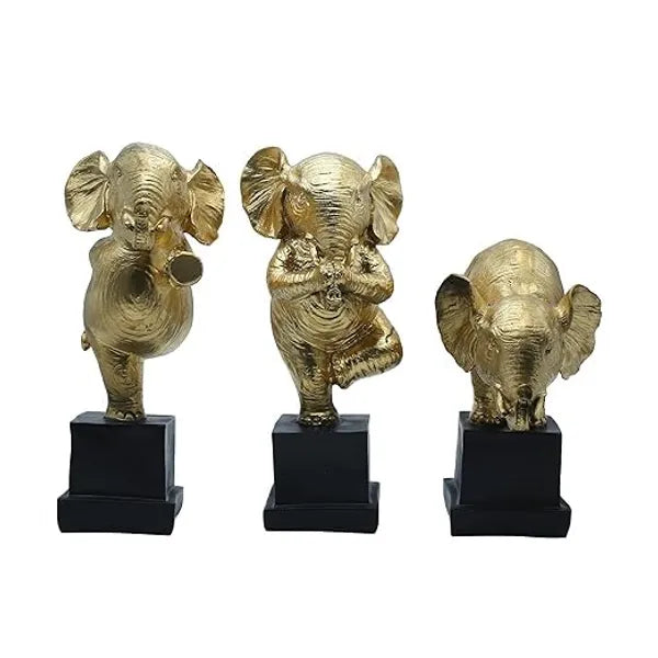 Craftivoa Gold Elephant Figurines Set Of 3 Dancing Poses On Black Base Handmade Figurines For Home Decor Animal Figurines