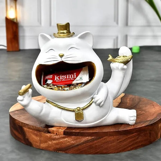 Resin Whimsical Cat With Hat Storage Figurine - View 1