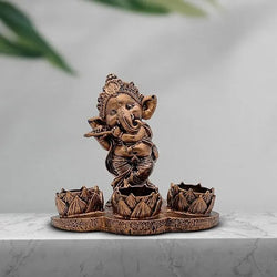 Craftivoa Polyresin Ganesha Tea Light Candle Holder With 3 Lotus Design Diyas Handcrafted Spiritual Decor For Home And Festive Lighting In Antique Copper Finish - View 3