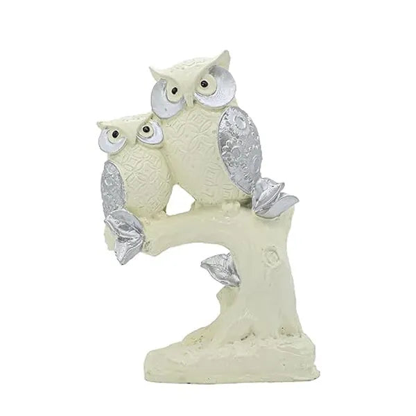 Resin Handmade White Silver Owl Set Of 2 Tabletop Figurine