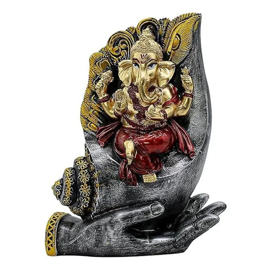 Craftivoa Lord Ganesha Statue On Palm Hand Gold And Red 8 5 X 7 Inch Handmade Hindu Idol Spiritual Home Decor Pooja Room Figurine - View 1