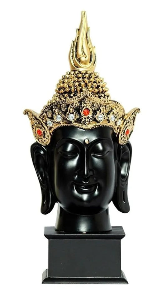 Craftivoa Antique Black Golden Buddha Face With Crown And Wooden Base Showpiece 15 5 5 Inches - View 1