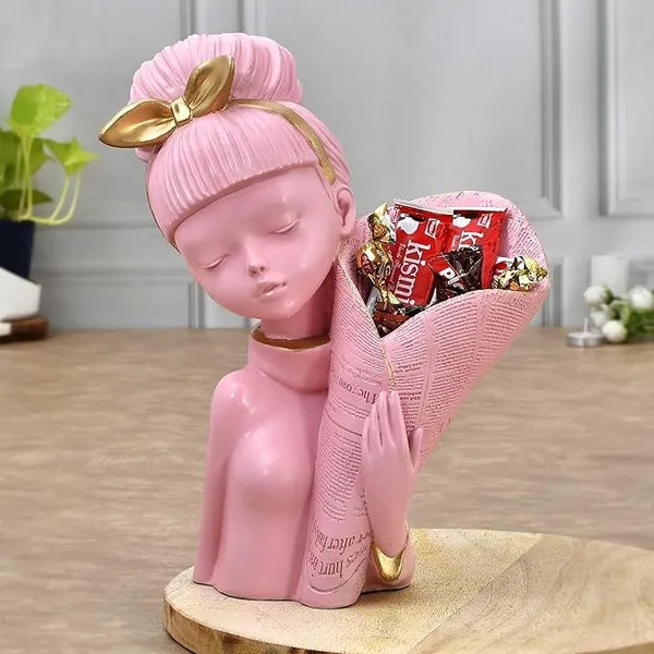 Craftivoa Pink Lady With Basket Decorative Flower Statue Elegant Home Decor Showpiece Figurine
