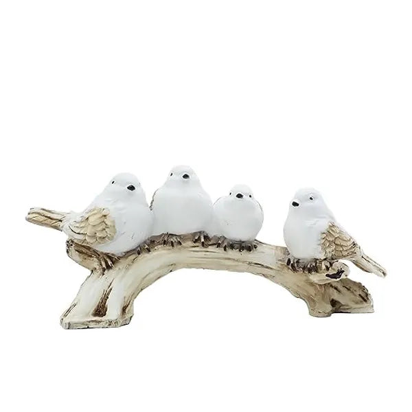 Craftivoa Polyresin Decorative 4 White Bird Sitting On Tree Branch Figurine Handmade Indian Handicraft Decor For Home Living Room Table Accent