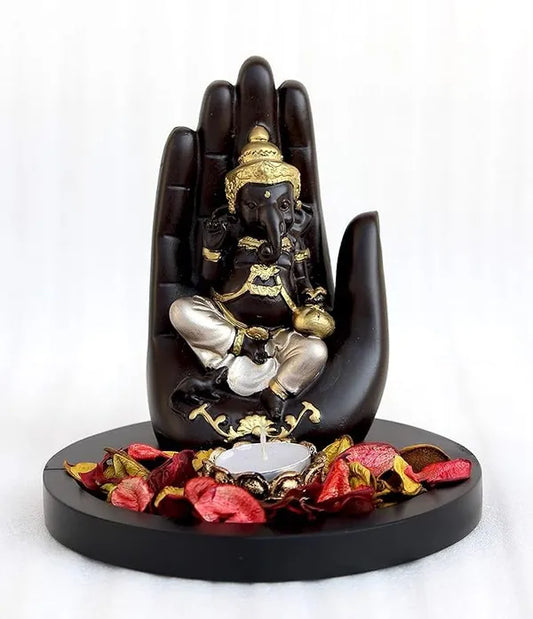 Craftivoa Handcrafted Palm Ganesha On Wooden Base With Candle Decorative Showpiece 17 Cm Polyresin Multicolor - View 1