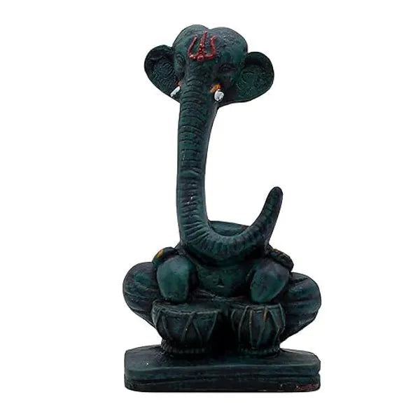 Craftivoa Polyresin Decorative Ganesha Figurine With Tabla Green Patina Finish Handmade Hindu Idol For Home Temple And Spiritual Decor