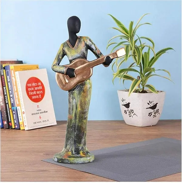 Craftivoa Handpainted Polyresin Human Musician Statue 34cm Decorative Showpiece In Green Gold For Home Decor