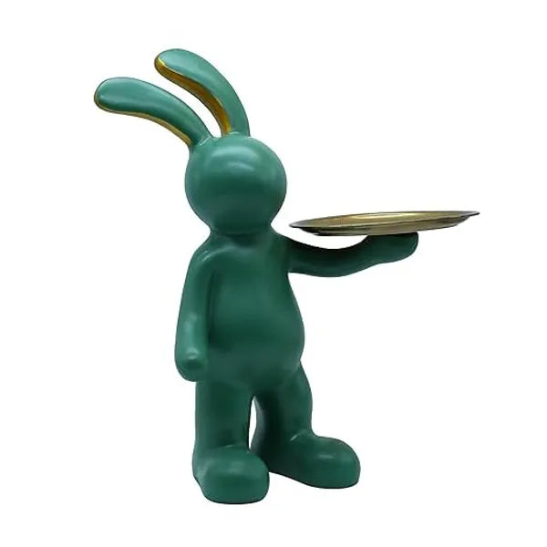 Resin Artistic Bunny With Gold Tray Tabletop Figurine