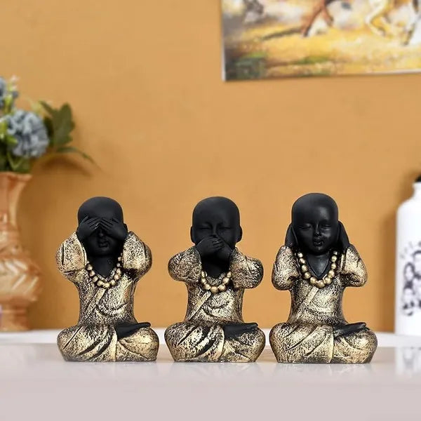 Craftivoa Handcrafted Set Of 3 Baby Monk Figurines 12 Cm Polyresin Gold Black Decorative Showpieces For Home Decor