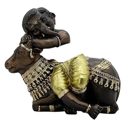 Resin Traditional Ganesha On Nandi Bronze Gold Figurine - View 2